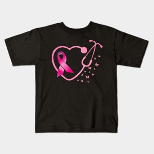 Nurse Breast Cancer Awareness Pink Ribbon Heart Stethoscope Kids T-Shirt